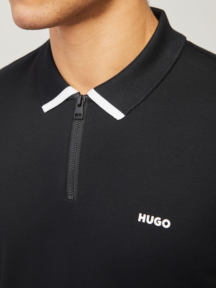 HUGO Black Tipped Zip Collar Polo Shirt - Image 4 of 4