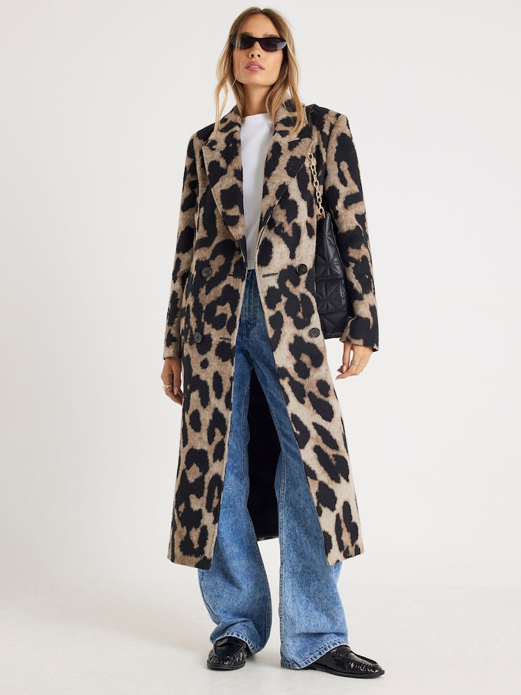 River Island Brown Brushed Leopard Print Double Breasted Coat - Image 1 of 4