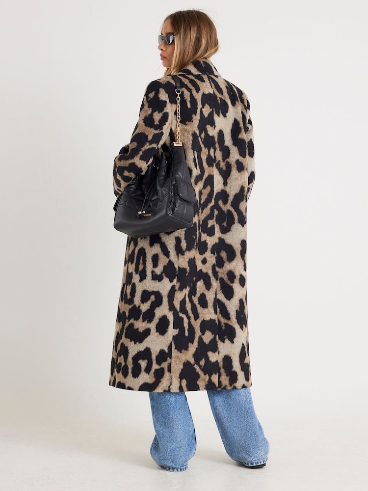 River Island Brown Brushed Leopard Print Double Breasted Coat - Image 2 of 4