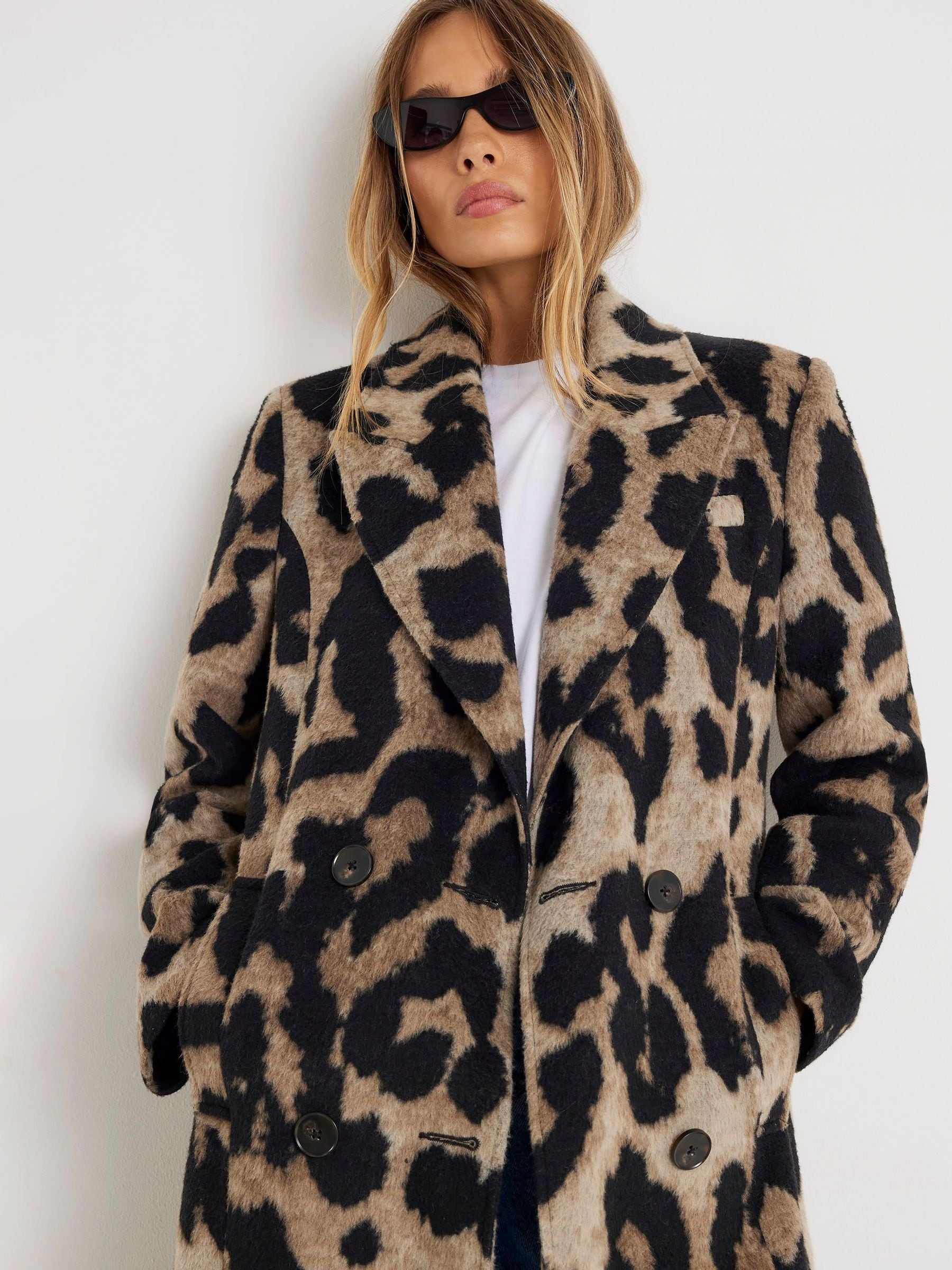 Buy River Island Brown Brushed Leopard Print Double Breasted Coat