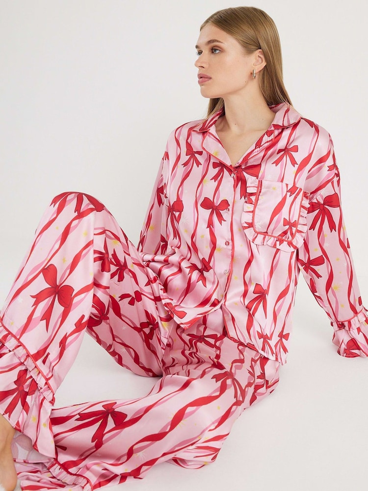 River Island Pink Stripe Bow Print Pyjamas Set - Image 1 of 4