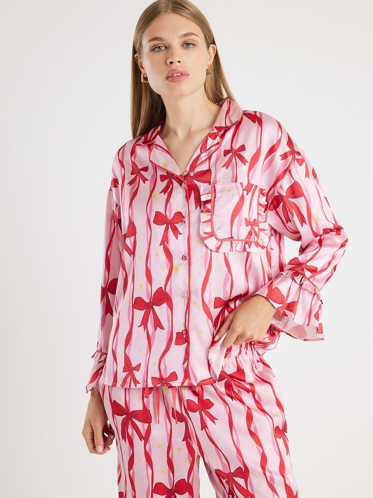 River Island Pink Stripe Bow Print Pyjamas Set - Image 2 of 4