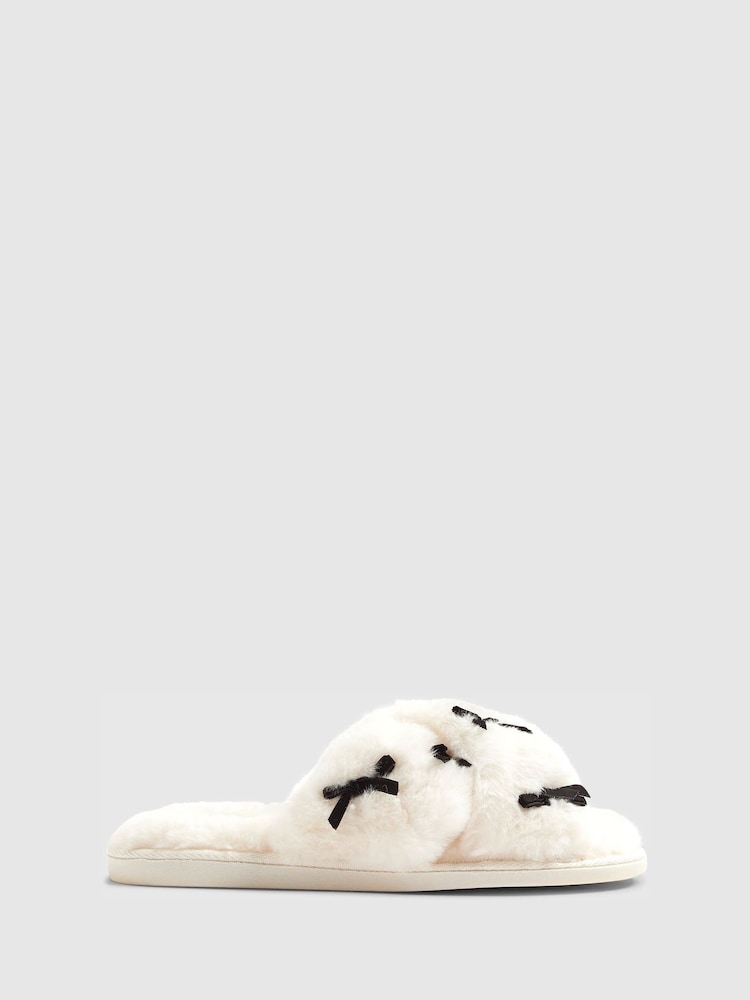 River Island Cream Plush Cross Strap Embroidered Bow Slippers - Image 1 of 5