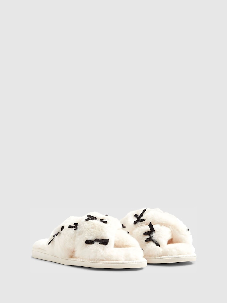 River Island Cream Plush Cross Strap Embroidered Bow Slippers - Image 2 of 5