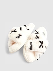 River Island Cream Plush Cross Strap Embroidered Bow Slippers - Image 4 of 5