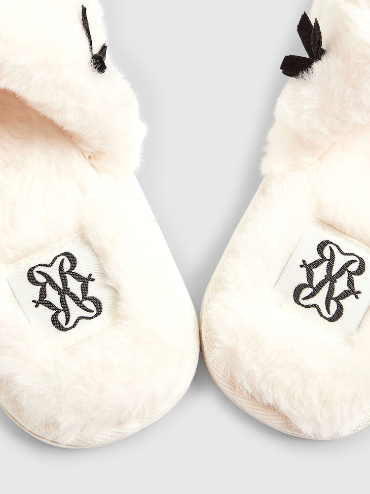 River Island Cream Plush Cross Strap Embroidered Bow Slippers - Image 5 of 5