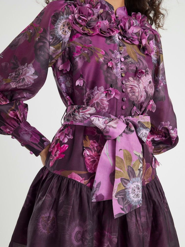 River Island Purple 3D Detail Floral Belted Mini Dress - Image 4 of 4