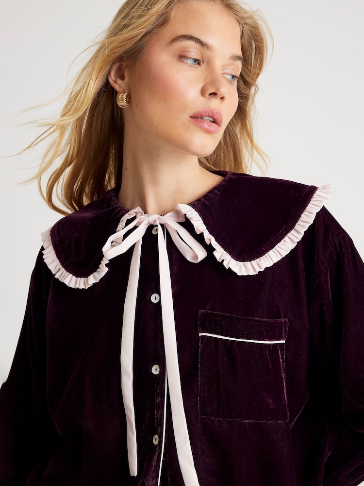 River Island Purple Frill Collar Velvet Pyjamas Set - Image 2 of 4
