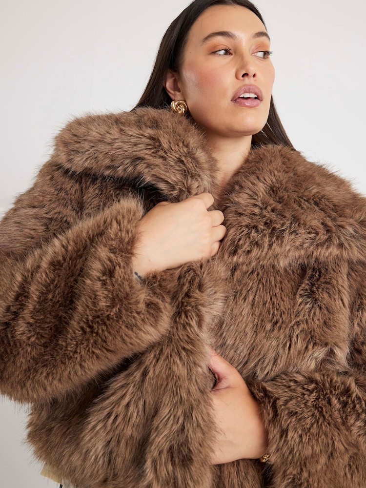 River Island Brown Short Faux Fur Jacket - Image 1 of 6