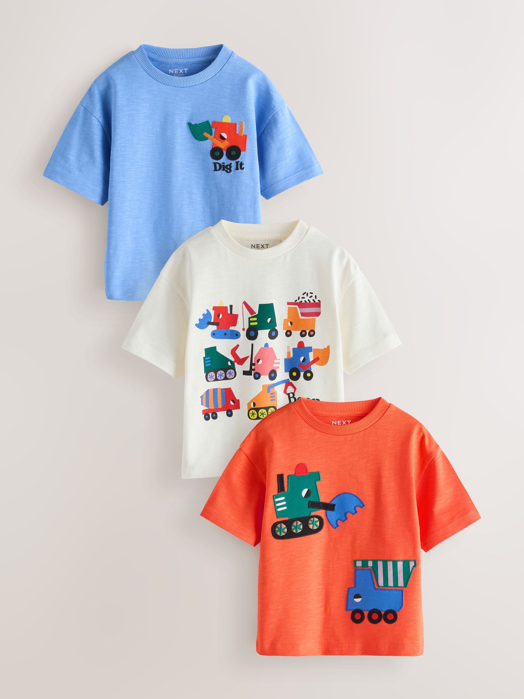 Buy Multi Digger Short Sleeve Appliqué T-Shirts 3 Pack (3mths-7yrs