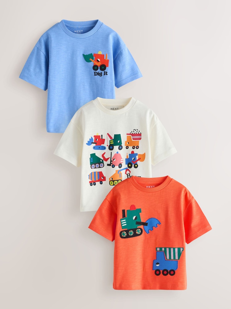 Multi Digger Short Sleeve Appliqué T-Shirts 3 Pack (3mths-7yrs) - Image 1 of 8