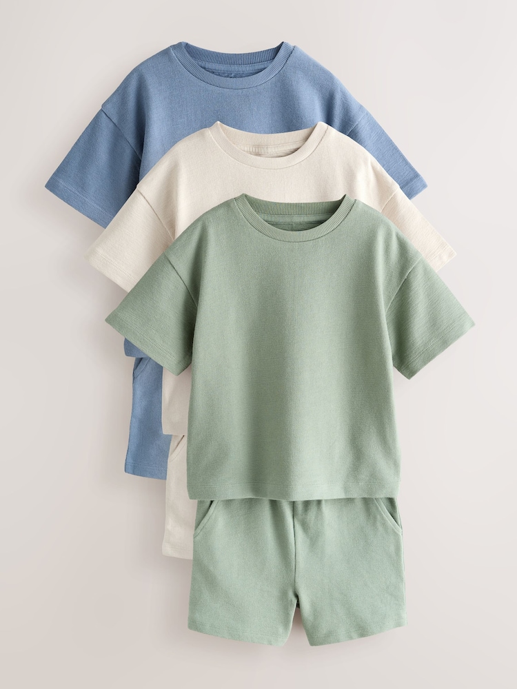 Blue/Green/Neutral Textured Short Sleeve T-Shirt and Shorts Set 3 Pack (3mths-7yrs) - Image 1 of 8