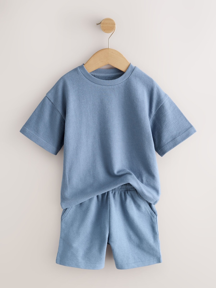 Blue/Green/Neutral Textured Short Sleeve T-Shirt and Shorts Set 3 Pack (3mths-7yrs) - Image 2 of 8