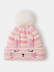 Angels By Accessorize Pink Girls Bunny Stripe Bobble Hat - Image 1 of 2