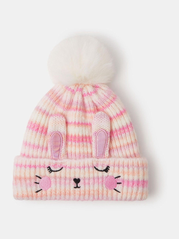 Angels By Accessorize Pink Girls Bunny Stripe Bobble Hat - Image 1 of 2