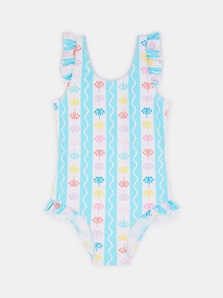 Angels By Accessorize Blue Girls Palm Tree Stripe Swimsuit - Image 1 of 2