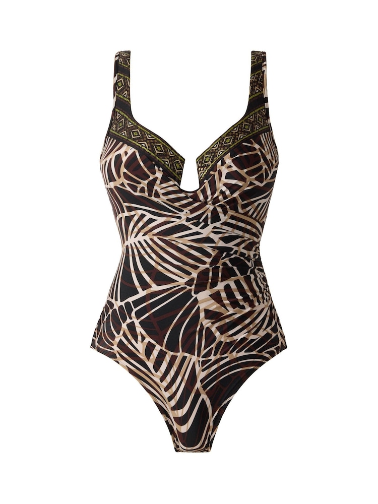 „Miraclesuit“ lankeliais aptrauktas „Escape Tummy Control“ juodas maudymosi kostiumėlis su paryškintu lapų raštu - 7 paveikslėlis iš 7