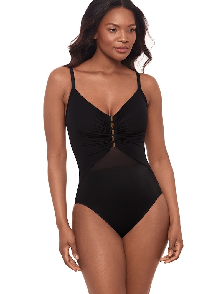 Miraclesuit Black Underwired Mesh Insert & Hardware Detail Fronted Tummy Control Swimsuit - Image 1 of 6
