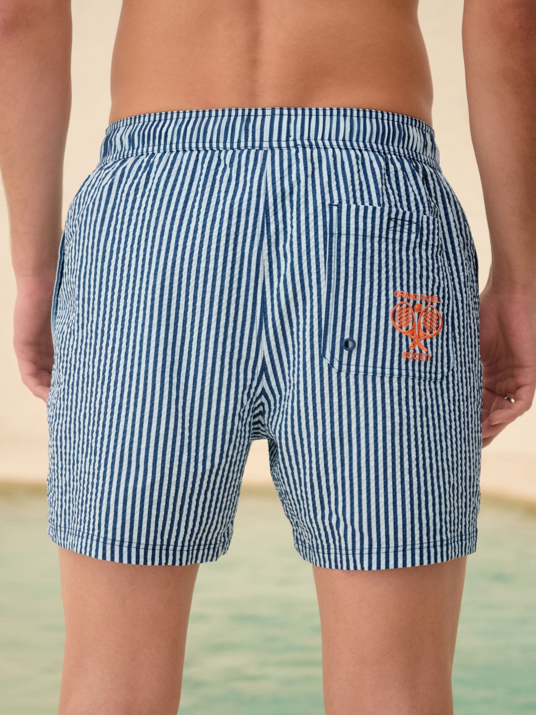 Buy Navy Blue Graphic Stripe Seersucker 5 Inch Swim Shorts from
