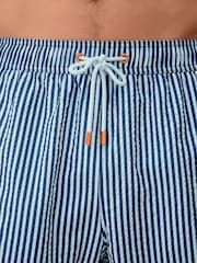 Navy Blue Graphic Stripe Seersucker 5 Inch Swim Shorts - Image 5 of 9