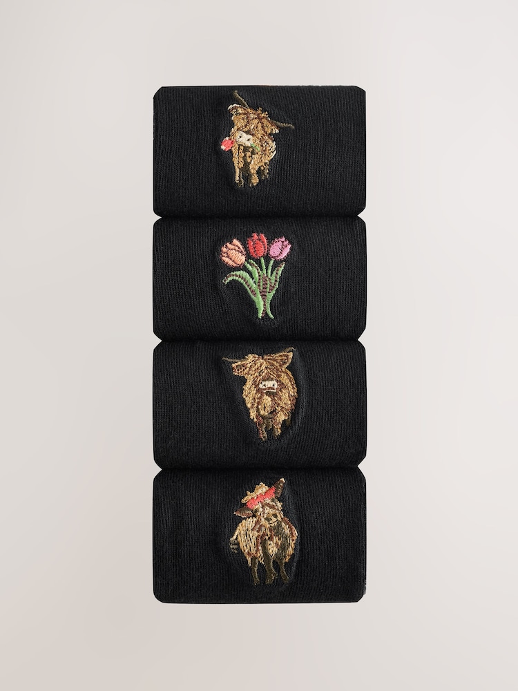 Hamish The Highland Cow / Tulips - Vezeni Motiv Gležanj Čarape 4 Pack - Slika 2 od 7