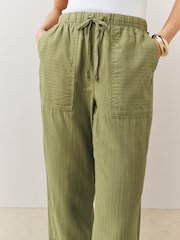 Khaki Green Stripe Cotton Linen Blend Barrel Leg Trousers - Image 4 of 7