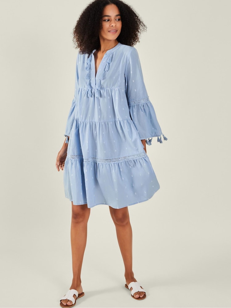 Accessorize Blue Flute Sleeve Tassel Tiered Mini Dress - Image 1 of 4 Accessorize Blue Flute Sleeve Tassel Tiered Mini Dress - Image 1 of 4