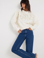 River Island Cream Diamante Pearl Trim Sweatshirt - Image 1 of 4