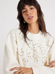 River Island Cream Diamante Pearl Trim Sweatshirt - Image 4 of 4