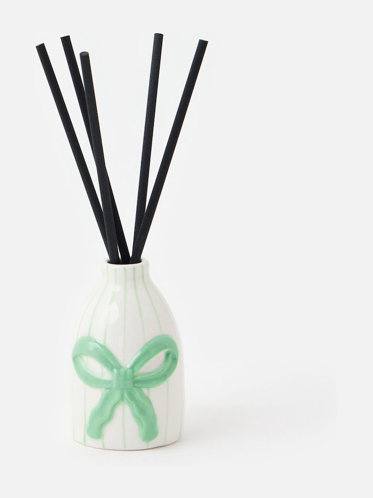 Oliver Bonas Cream Green Striped Bow Ceramic Reed Diffuser Gift Set - Image 1 of 3