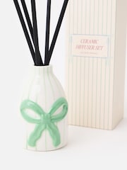 Oliver Bonas Cream Green Striped Bow Ceramic Reed Diffuser Gift Set - Image 3 of 3