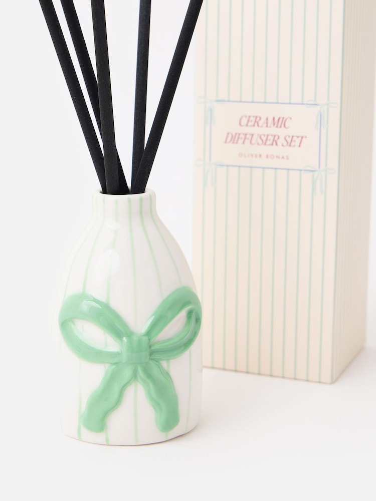 Oliver Bonas Cream Green Striped Bow Ceramic Reed Diffuser Gift Set - Image 3 of 3