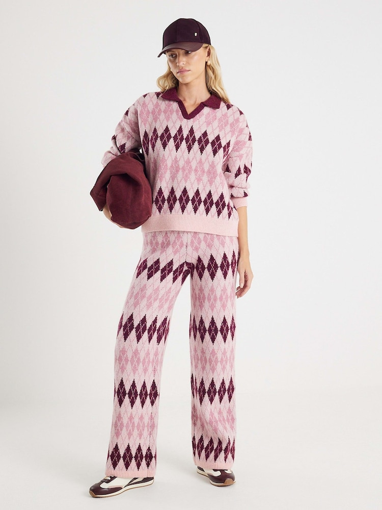 River Island Pink Argyle Knitted Trousers - Image 1 of 4