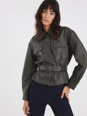 River Island Green Faux Leather Belted Long Sleeve Jacket - Image 3 of 4