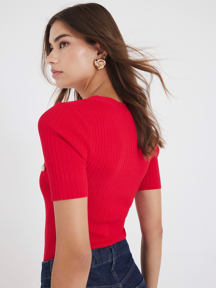 River Island Red Tipped Square Neck Button Detail T-Shirt - Image 4 of 4