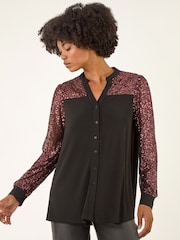Roman Pink Embellished Sequin Stretch Blouse - Image 1 of 5