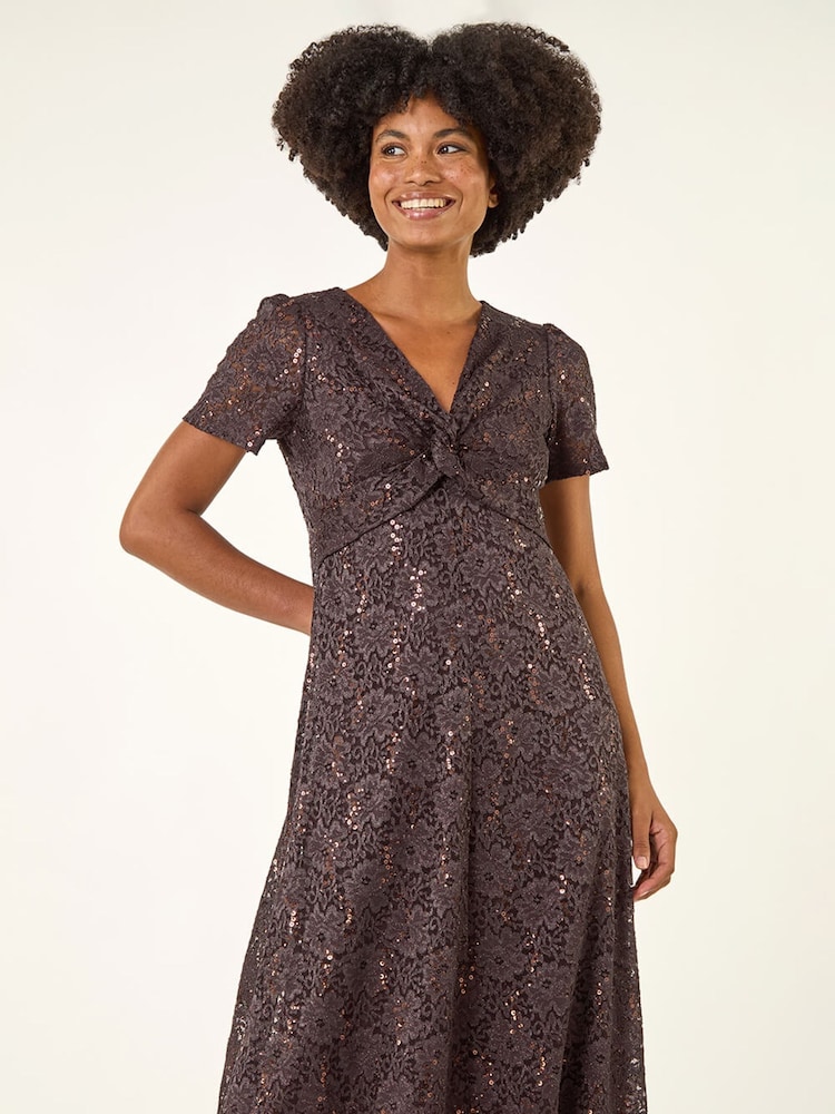 Roman Brown Sequin Lace Twist Front Midi Dress - Image 1 of 5 Roman Brown Sequin Lace Twist Front Midi Dress - Image 1 of 5