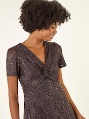 Roman Brown Sequin Lace Twist Front Midi Dress - Image 4 of 5