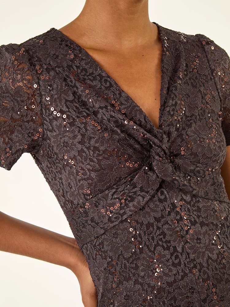 Roman Brown Sequin Lace Twist Front Midi Dress - Image 5 of 5