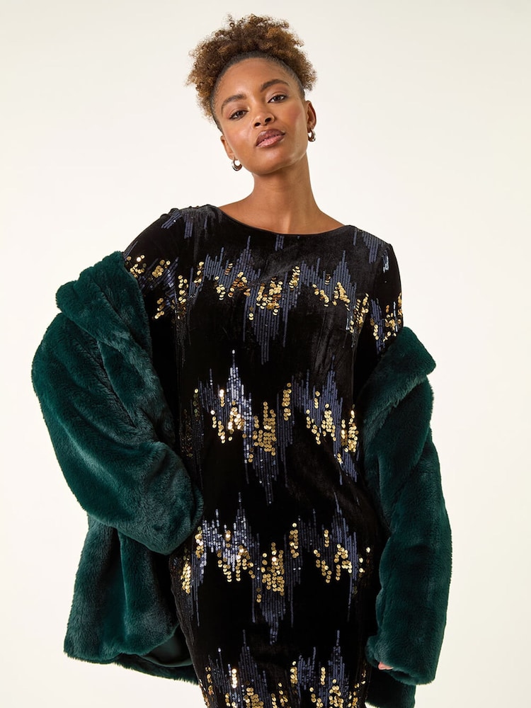 Roman Blue Sequin Velvet Shift Stretch Dress - Image 1 of 5