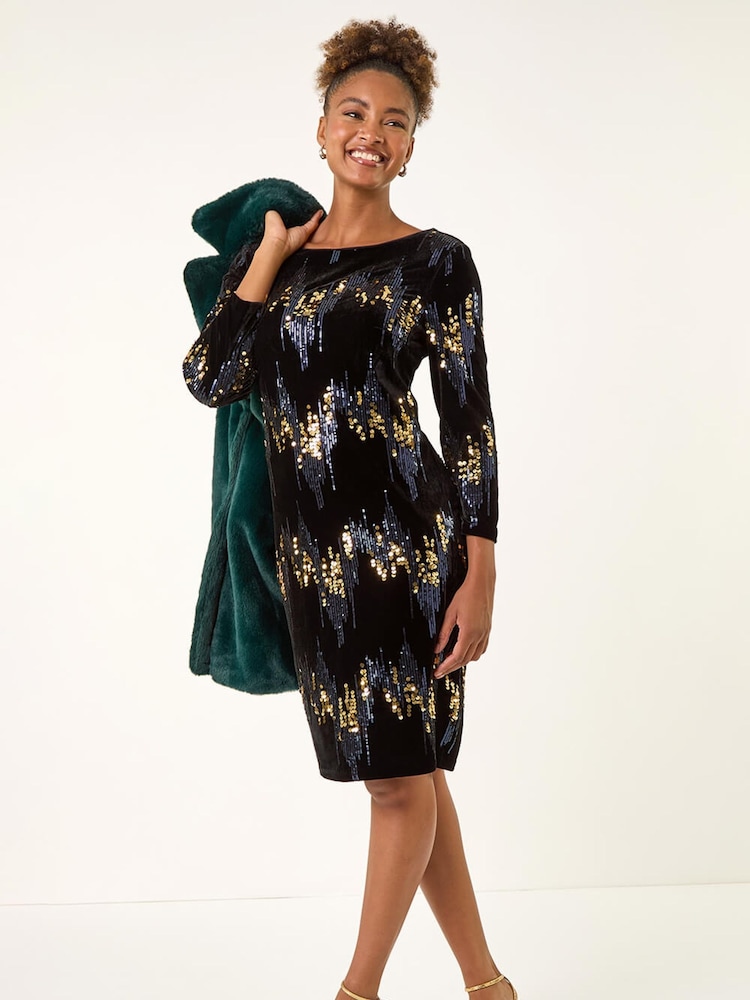 Roman Blue Sequin Velvet Shift Stretch Dress - Image 2 of 5