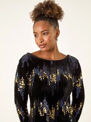 Roman Blue Sequin Velvet Shift Stretch Dress - Image 4 of 5