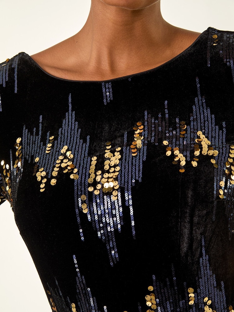 Roman Blue Sequin Velvet Shift Stretch Dress - Image 5 of 5
