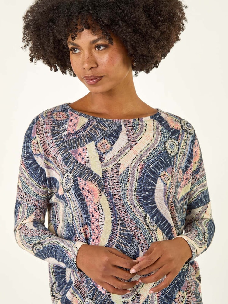 Roman Pink Abstract Print Banded Hem Stretch T-Shirt - Image 1 of 5 Roman Pink Abstract Print Banded Hem Stretch T-Shirt - Image 1 of 5