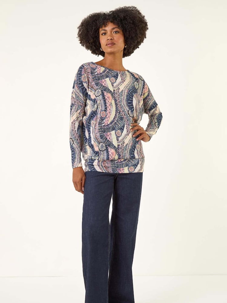 Roman Pink Abstract Print Banded Hem Stretch T-Shirt - Image 2 of 5 Roman Pink Abstract Print Banded Hem Stretch T-Shirt - Image 2 of 5