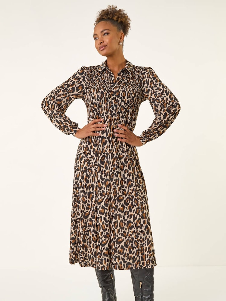 Roman Brown Animal Print Shirred Midi Dress - Image 1 of 5 Roman Brown Animal Print Shirred Midi Dress - Image 1 of 5