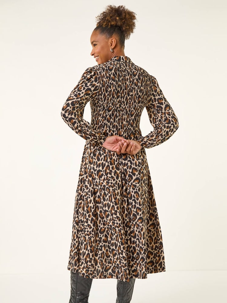 Roman Brown Animal Print Shirred Midi Dress - Image 2 of 5 Roman Brown Animal Print Shirred Midi Dress - Image 2 of 5