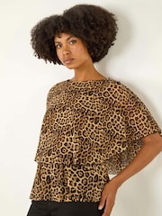 Roman Brown Animal Print Mesh Overlay Blouse - Image 1 of 5