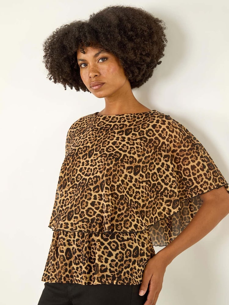Roman Brown Animal Print Mesh Overlay Blouse - Image 1 of 5 Roman Brown Animal Print Mesh Overlay Blouse - Image 1 of 5