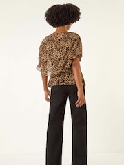 Roman Brown Animal Print Mesh Overlay Blouse - Image 4 of 5